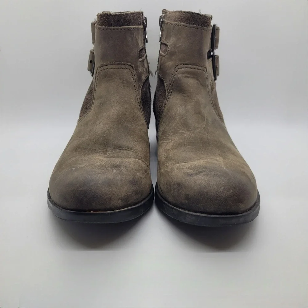 Sorel Phoenix Moto Ankle Boots Quarry Grey Leather Suede Buckle NL3080-245 7.5